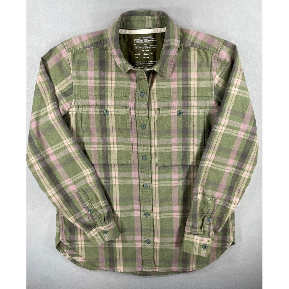 REI Co-op Womens Shirt Flannel Plaid Green Pink Organic Cotton Small